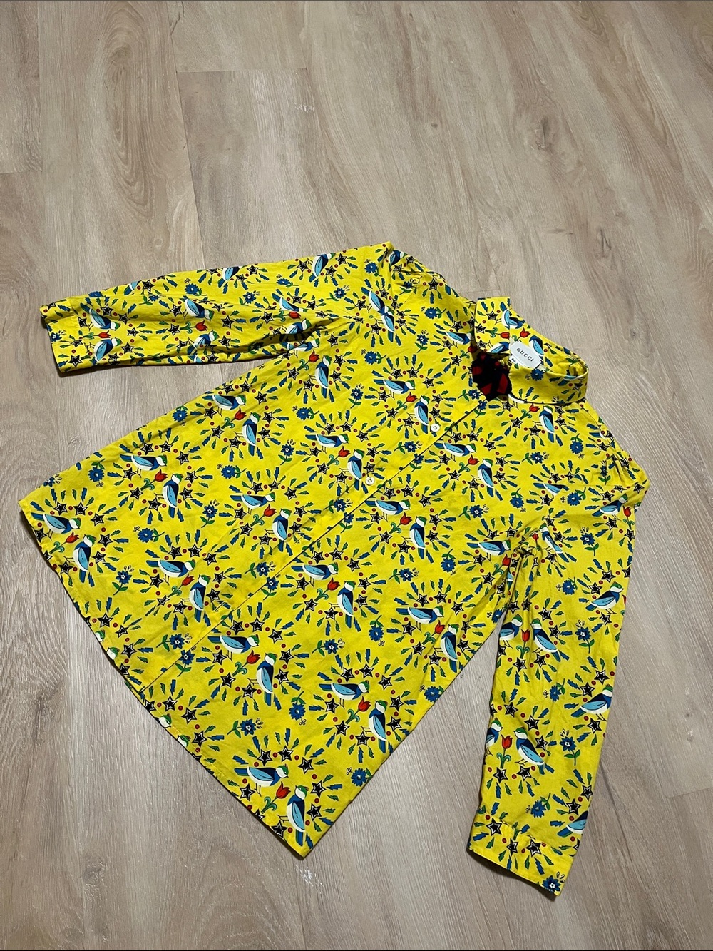 Gucci Kids 12Y Yellow Cotton Lovebirds Print Button-Down Shirt